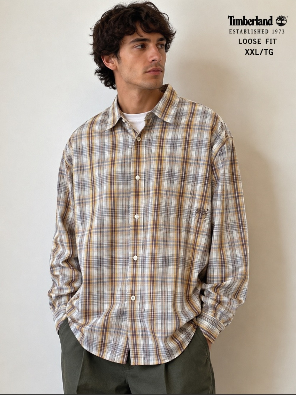 Timberland XXL Y2K Loose Fit Plaid Button-Up Shirt Brown Beige Long Sleeve